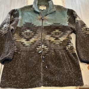 Cabelas Brown Blue Aztec Pattern Deep Pile Fleece Jacket Outdoors Sz M Western